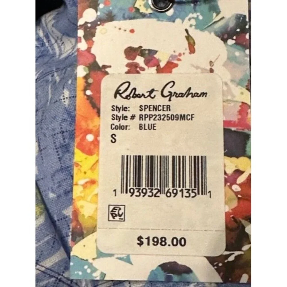 Robert Graham Spencer Floral Tropical‎ Leaf Blue White S/S Shirt Men's S NEW - Picture 6 of 10